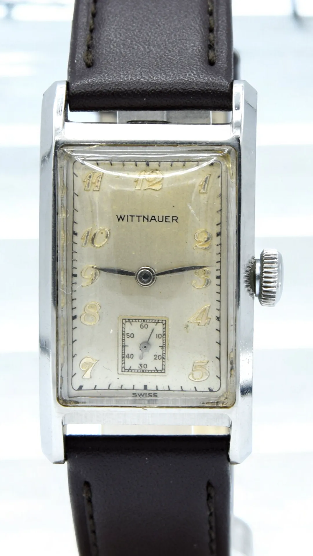 1940s Wittnauer Large steel Rectangular Early moisure resistant Wristwatch with Arabic dial