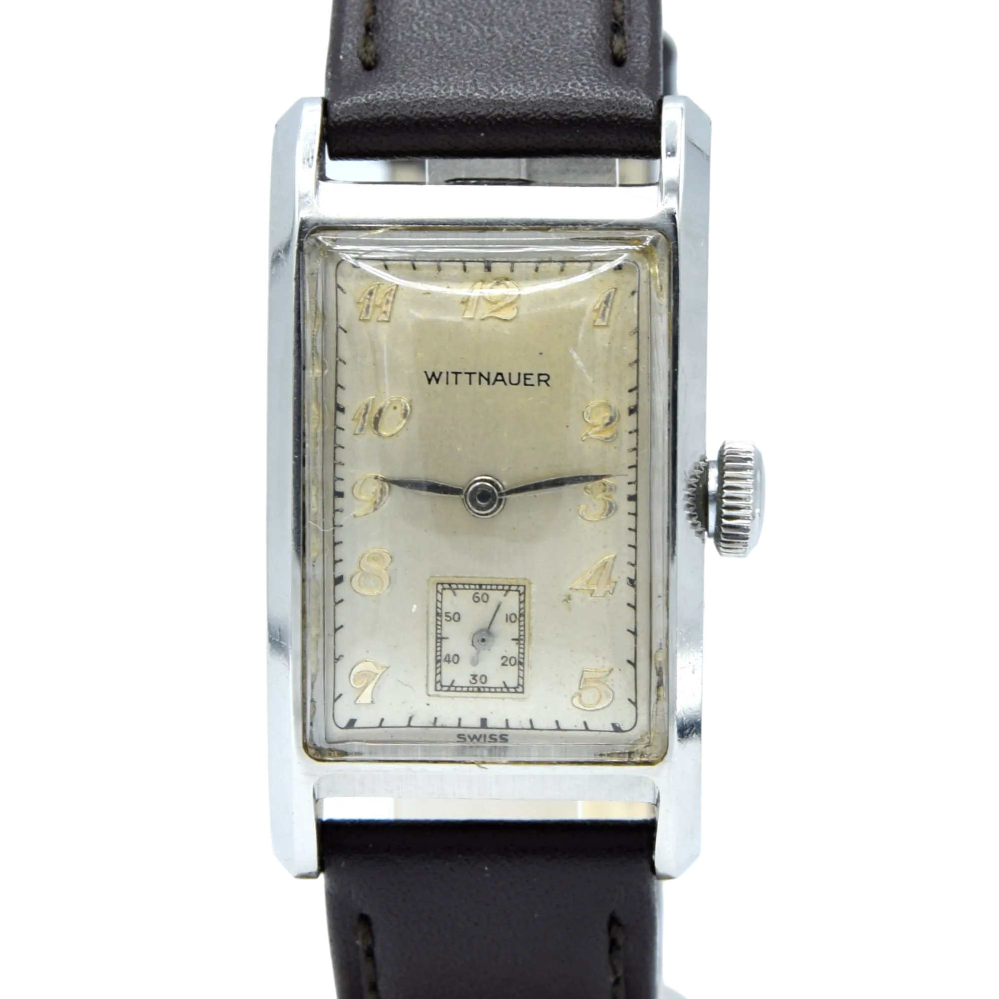 1940s Wittnauer Large steel Rectangular Early moisure resistant Wristwatch with Arabic dial