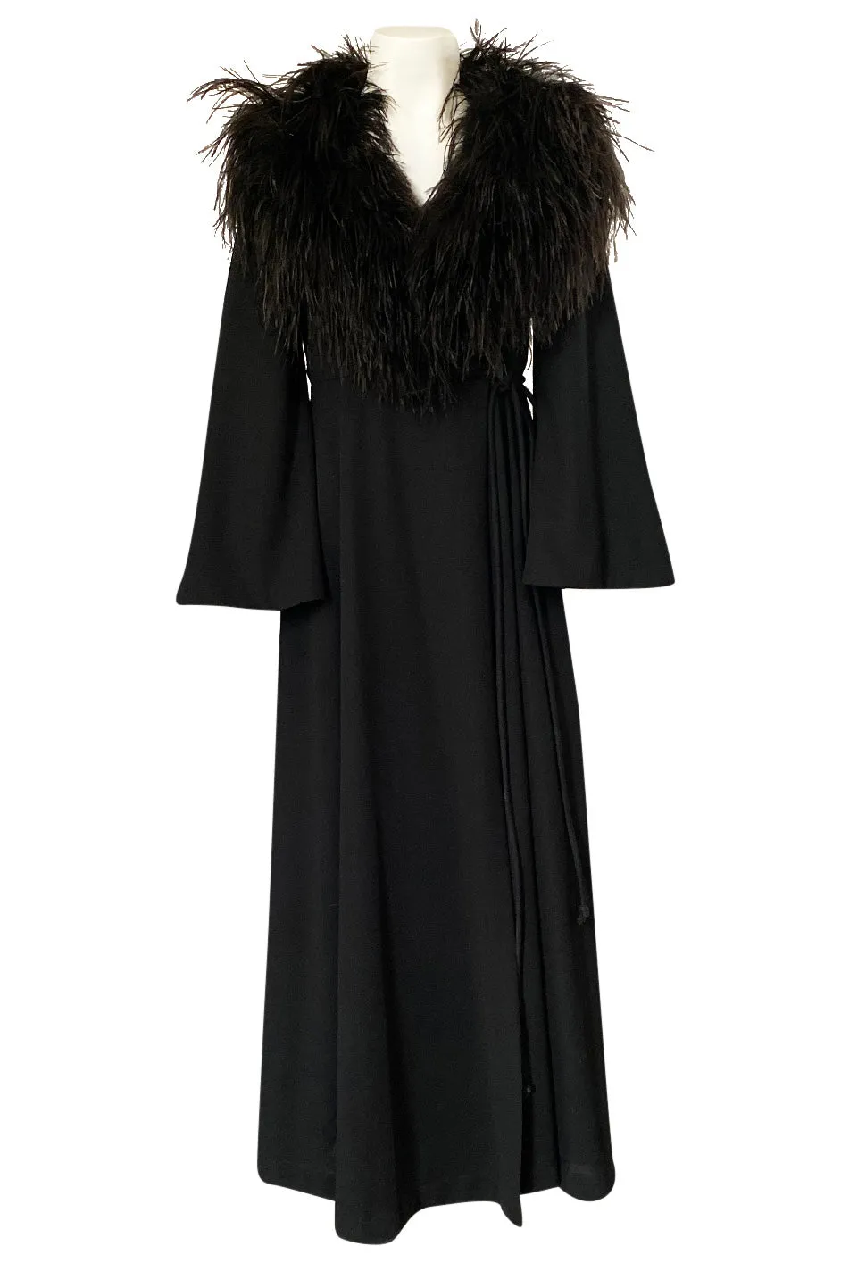 1970s Leo Narducci for Dorian Black Feather Wrap Dress or Evening Coat