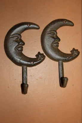 2) Vintage Look Man In The Moon Bathroom Decor Cast Iron Towel Hooks 6 1/2 inch high Volume Priced ~ Sleepy Time ~ H-16