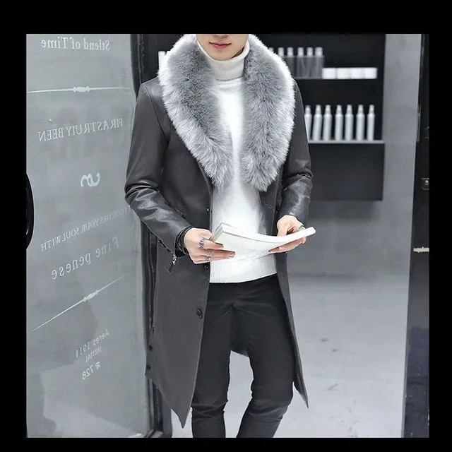 2019 New Winter Blazer Fur Collar Long Section Men fur Coat Men's Business Casual Leather Jacket