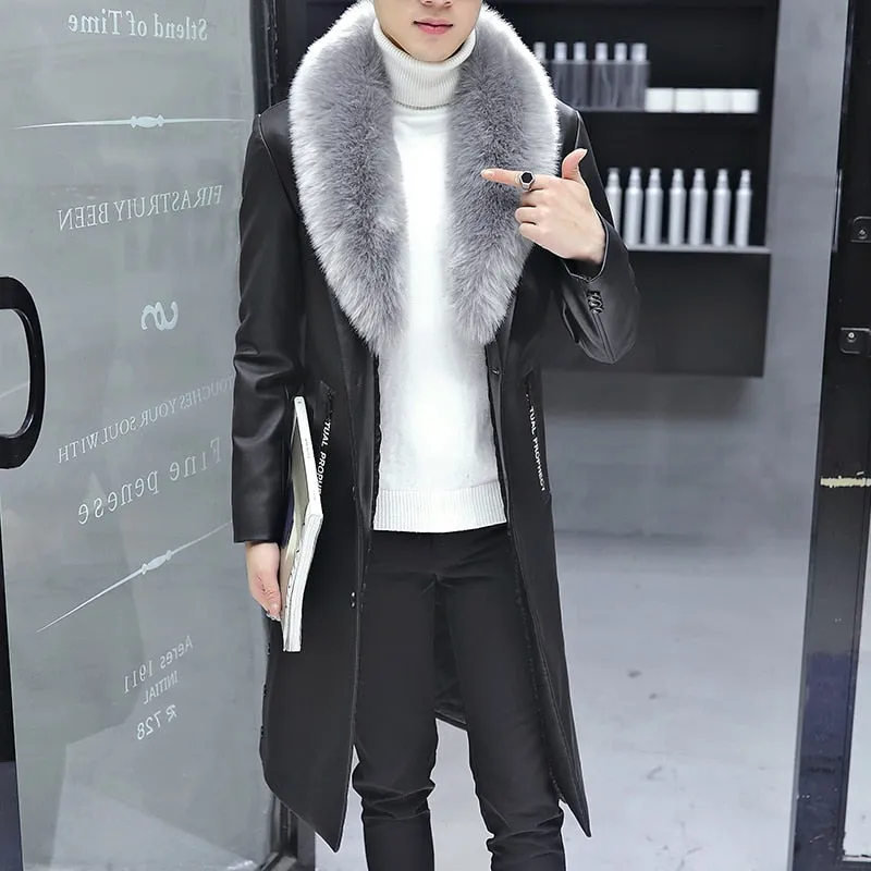 2019 New Winter Blazer Fur Collar Long Section Men fur Coat Men's Business Casual Leather Jacket