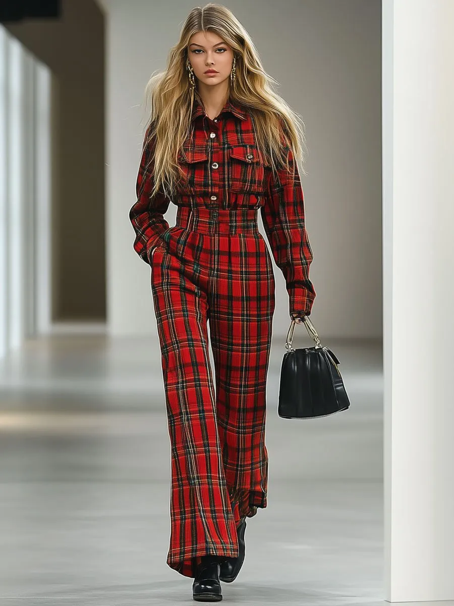 【24-hour shipping】Casual Loose Retro Woolen Red And Green Plaid Multi-Pocket Long-Sleeved Jumpsuit