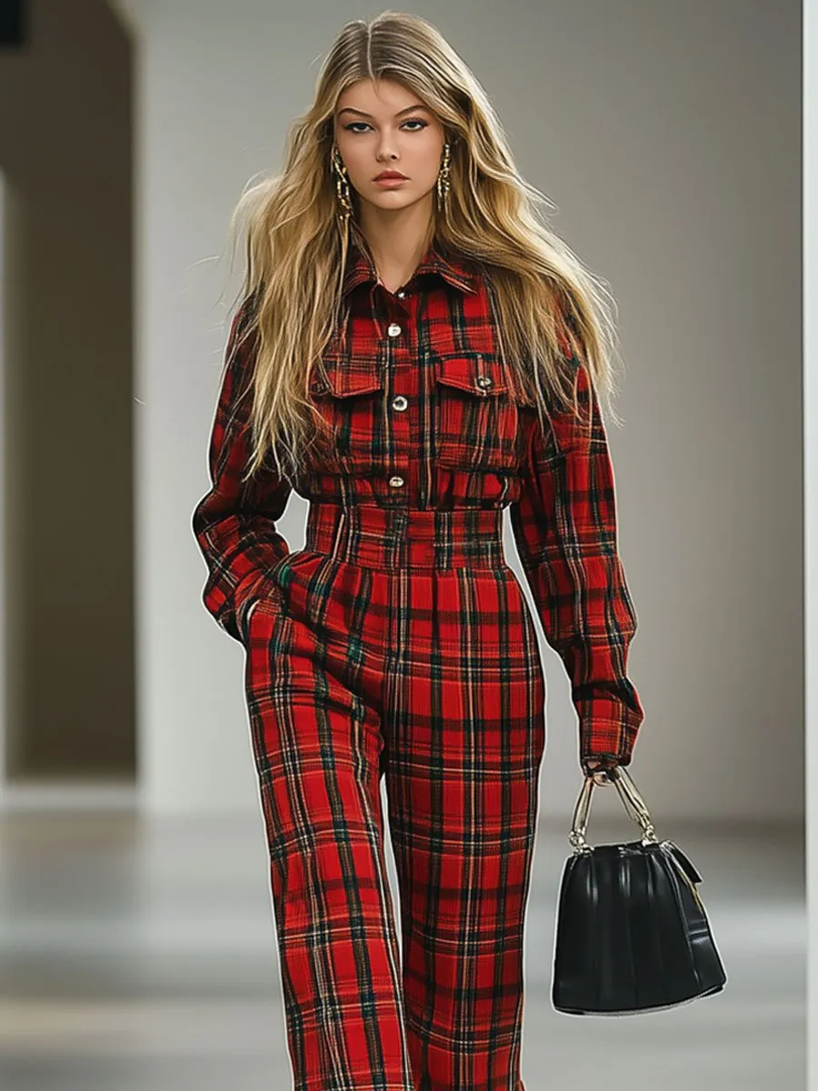 【24-hour shipping】Casual Loose Retro Woolen Red And Green Plaid Multi-Pocket Long-Sleeved Jumpsuit