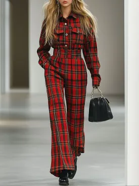 【24-hour shipping】Casual Loose Retro Woolen Red And Green Plaid Multi-Pocket Long-Sleeved Jumpsuit