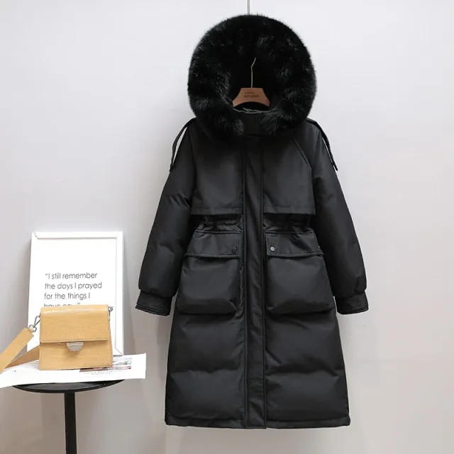 90% Real Down Long Parka Winter Women Long Jacket Large Natural Fur Hooded Parka