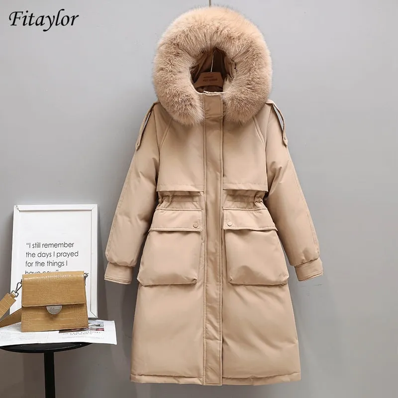 90% Real Down Long Parka Winter Women Long Jacket Large Natural Fur Hooded Parka