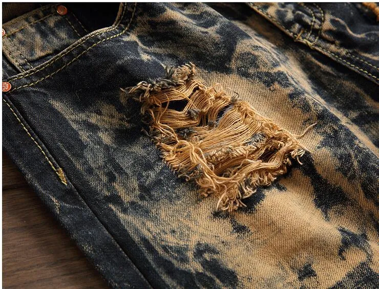 Abstract Wash Light Brown Pattern with Tiger Embroidery Detail Men Jeans