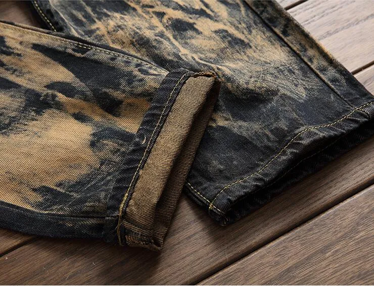 Abstract Wash Light Brown Pattern with Tiger Embroidery Detail Men Jeans