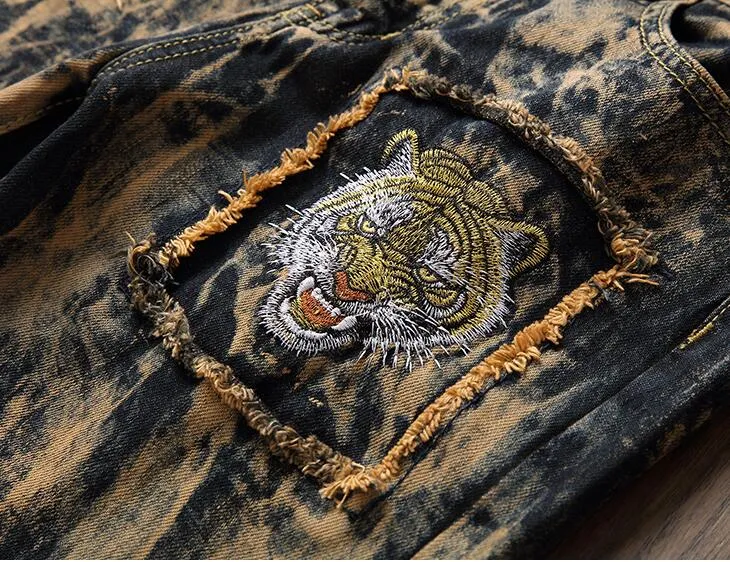 Abstract Wash Light Brown Pattern with Tiger Embroidery Detail Men Jeans