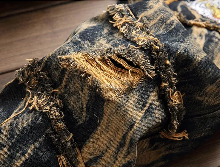 Abstract Wash Light Brown Pattern with Tiger Embroidery Detail Men Jeans