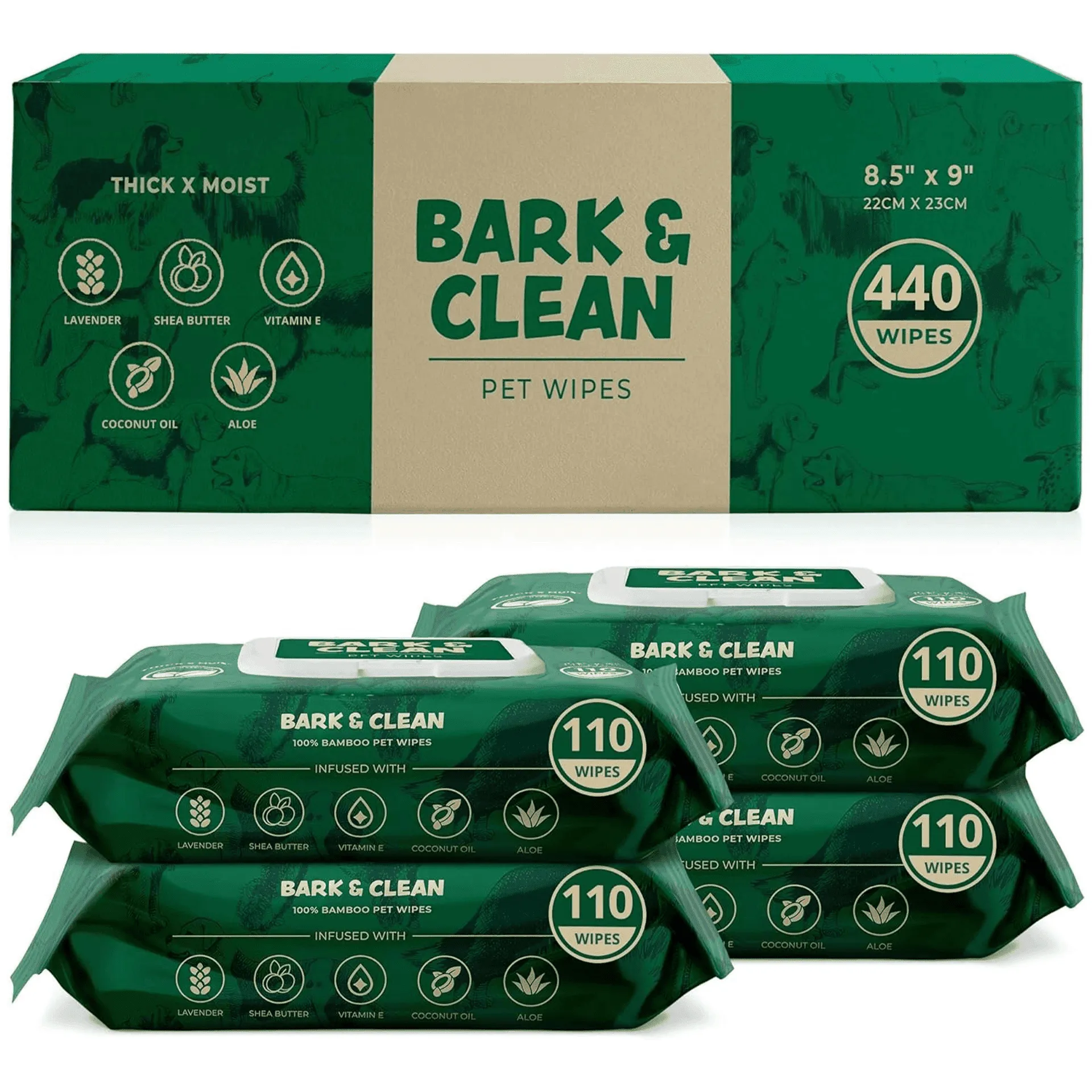 Bark & Clean Bamboo Pet Wipes with Aloe Shea Butter & Lavender Scent Dog & Cat Grooming Wipes