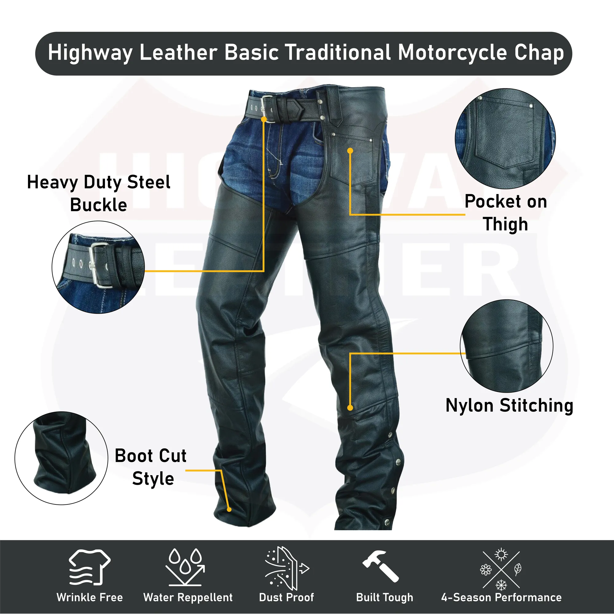 Basic Classic Style Leather Motorcycle Chap for Motorcycle Riding Plain Easy Fit