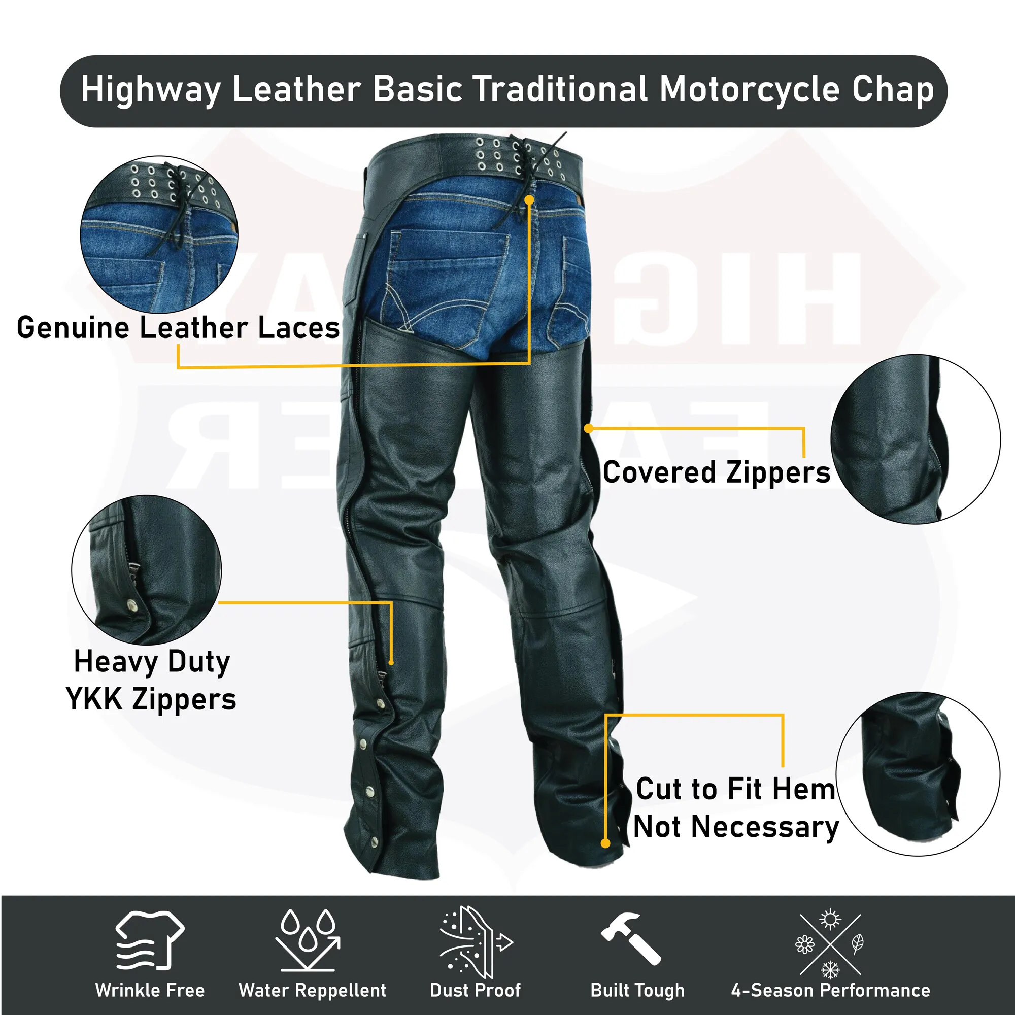 Basic Classic Style Leather Motorcycle Chap for Motorcycle Riding Plain Easy Fit