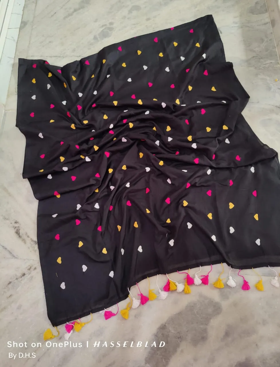 Beautiful Black With  Multicolor Heart Embroidered Overall Soft Khadi Cotton & Tassels On Pallu Ready To Wear Saree