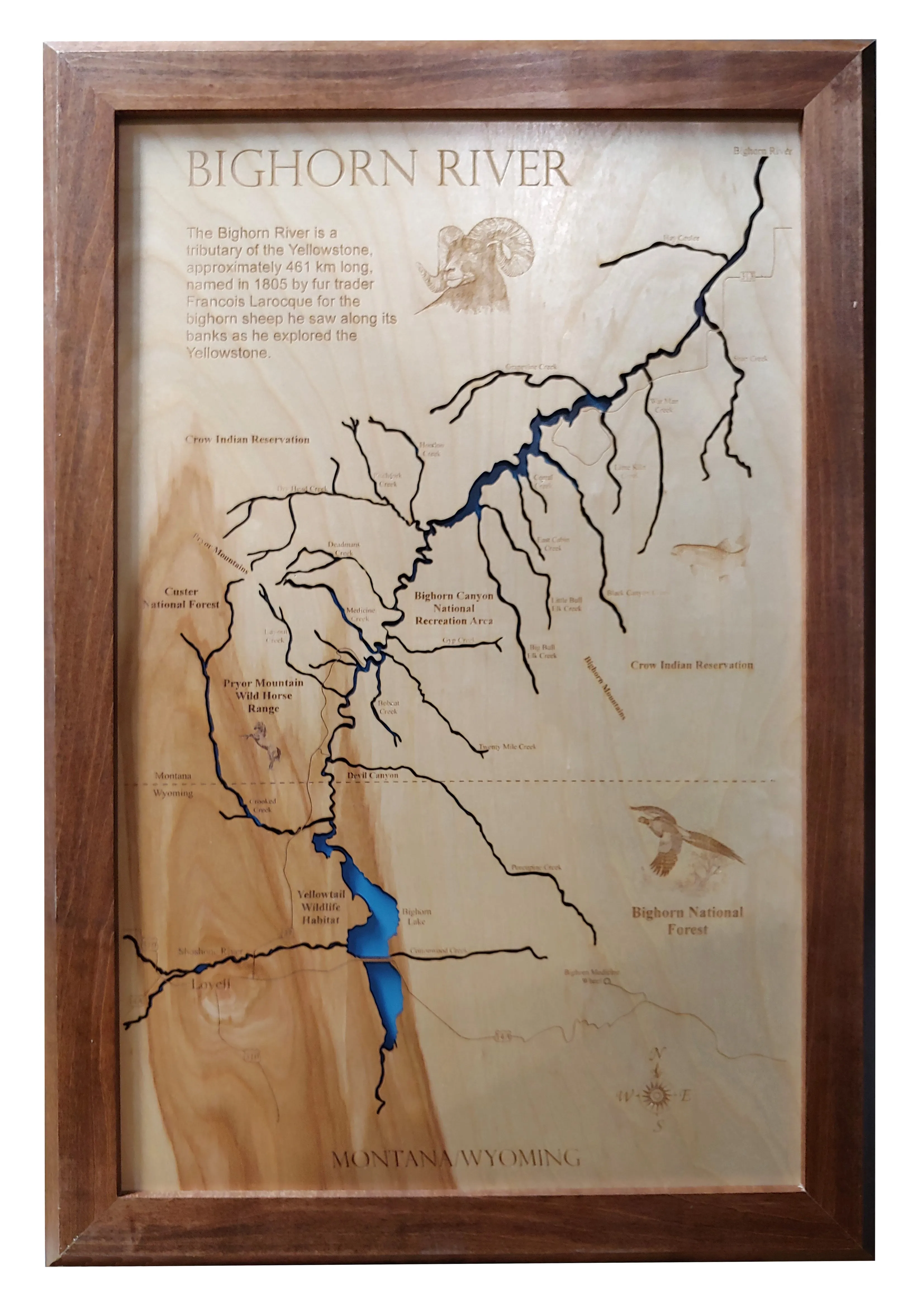 Bighorn Lake, Montana and Wyoming - Laser Cut Wood Map