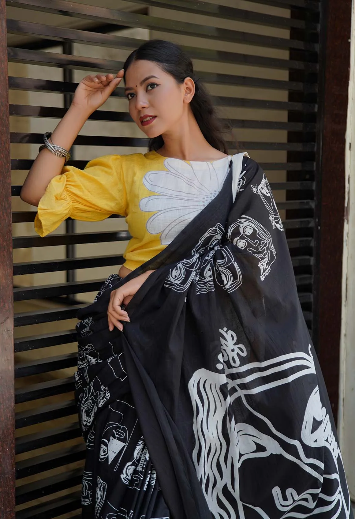 Black Handblock Tribal Art Jaipuri  pure Cotton Mul Mul Wrap in 1 minute saree