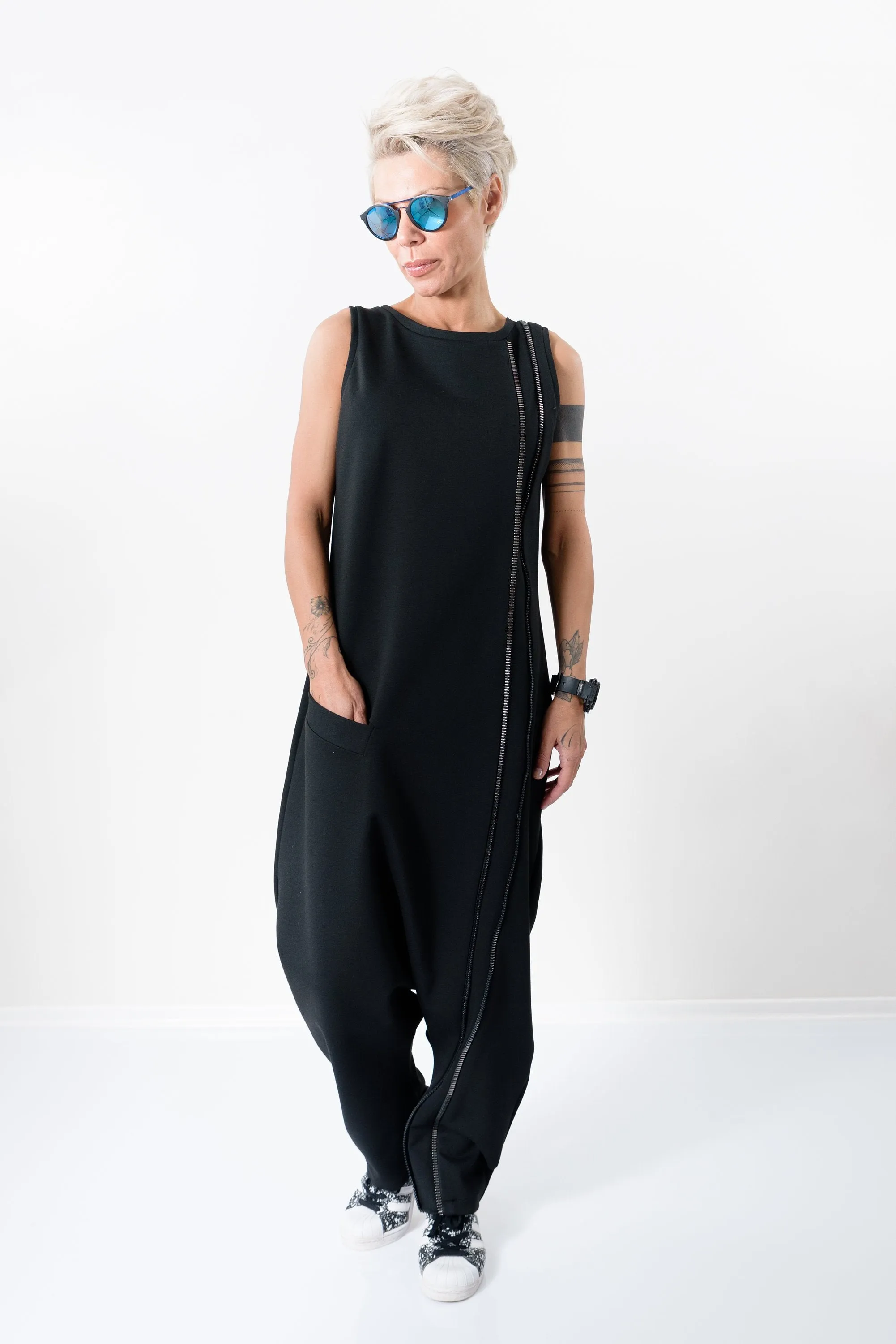 Black Harem Jumpsuit with Front Pocket