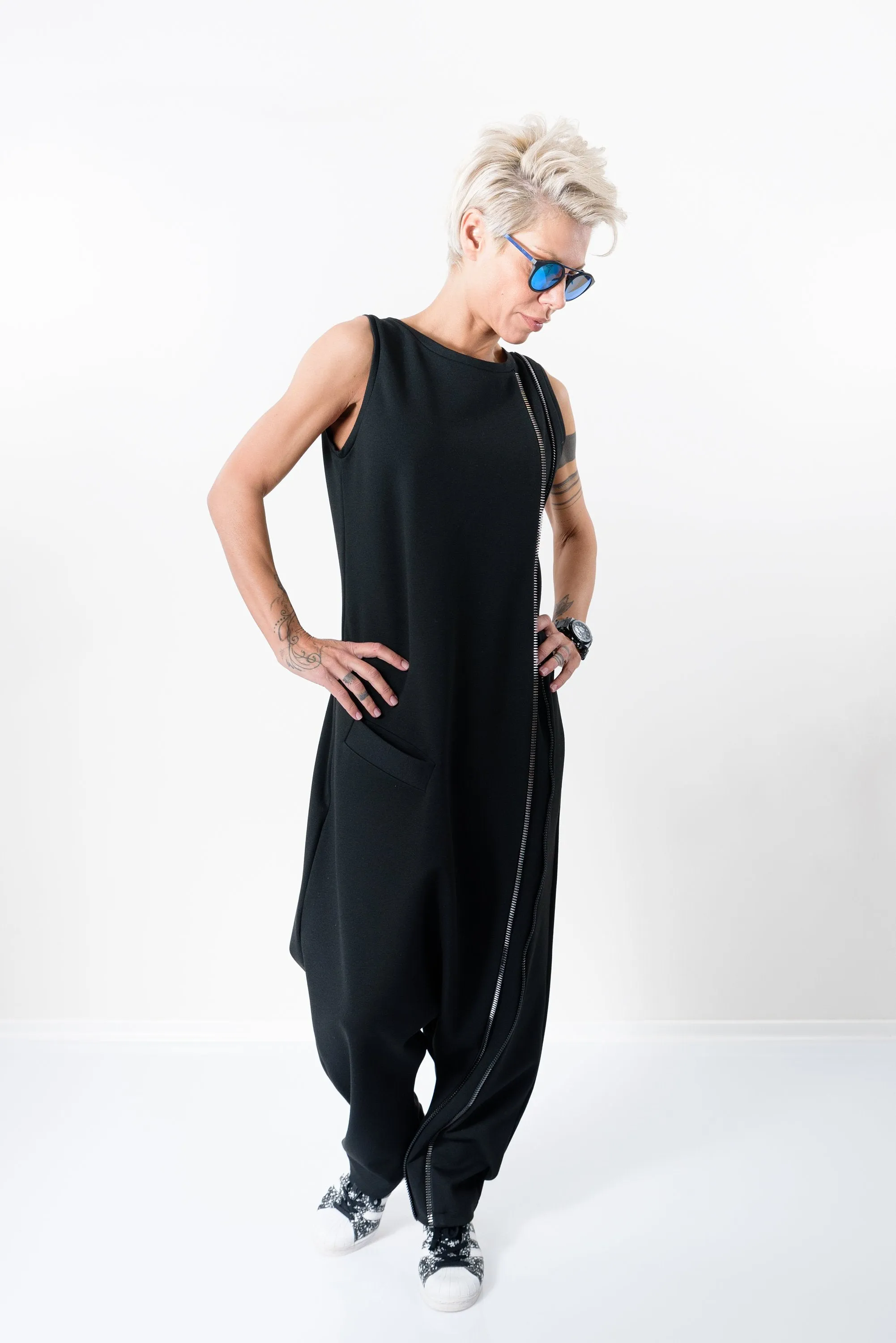 Black Harem Jumpsuit with Front Pocket