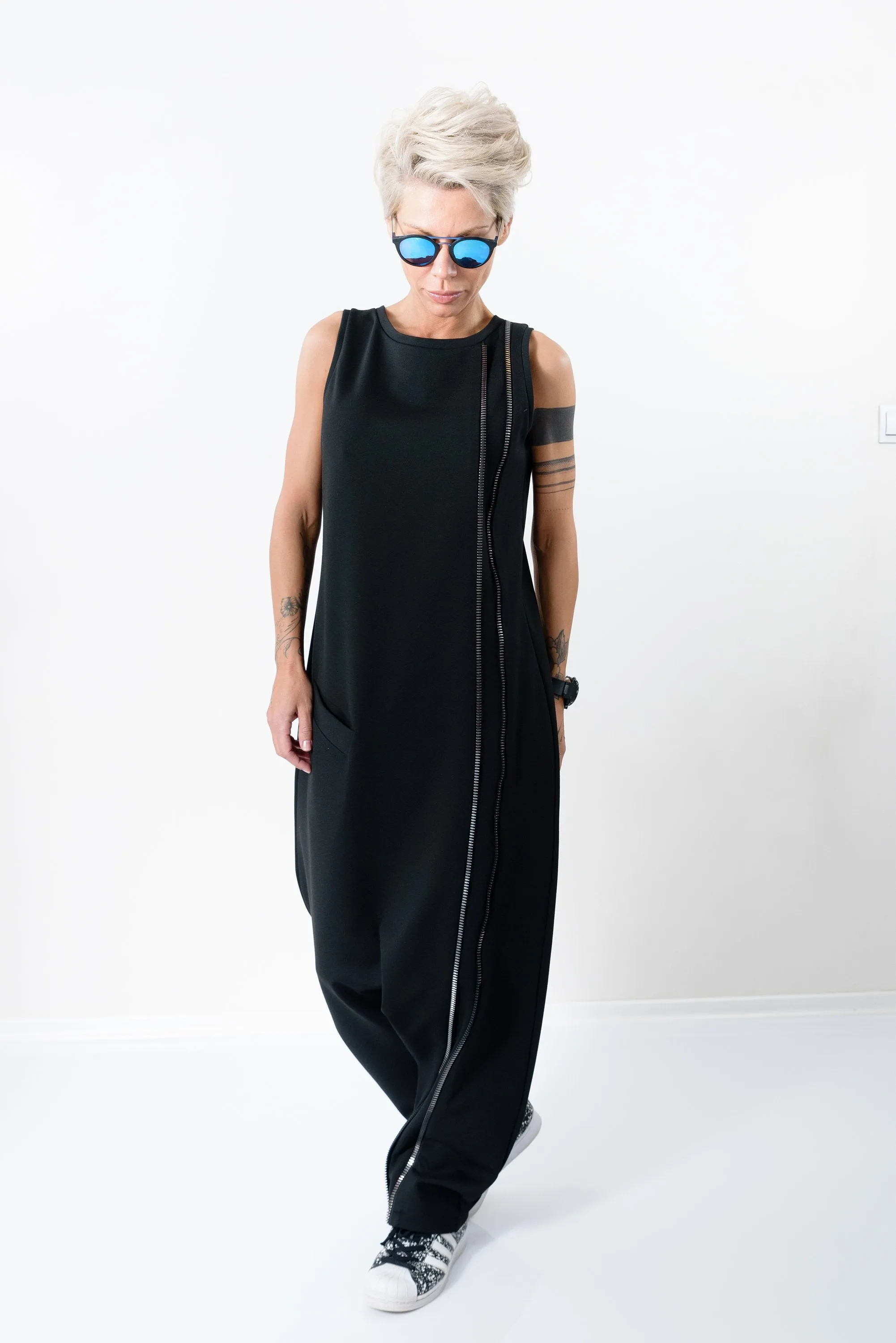 Black Harem Jumpsuit with Front Pocket