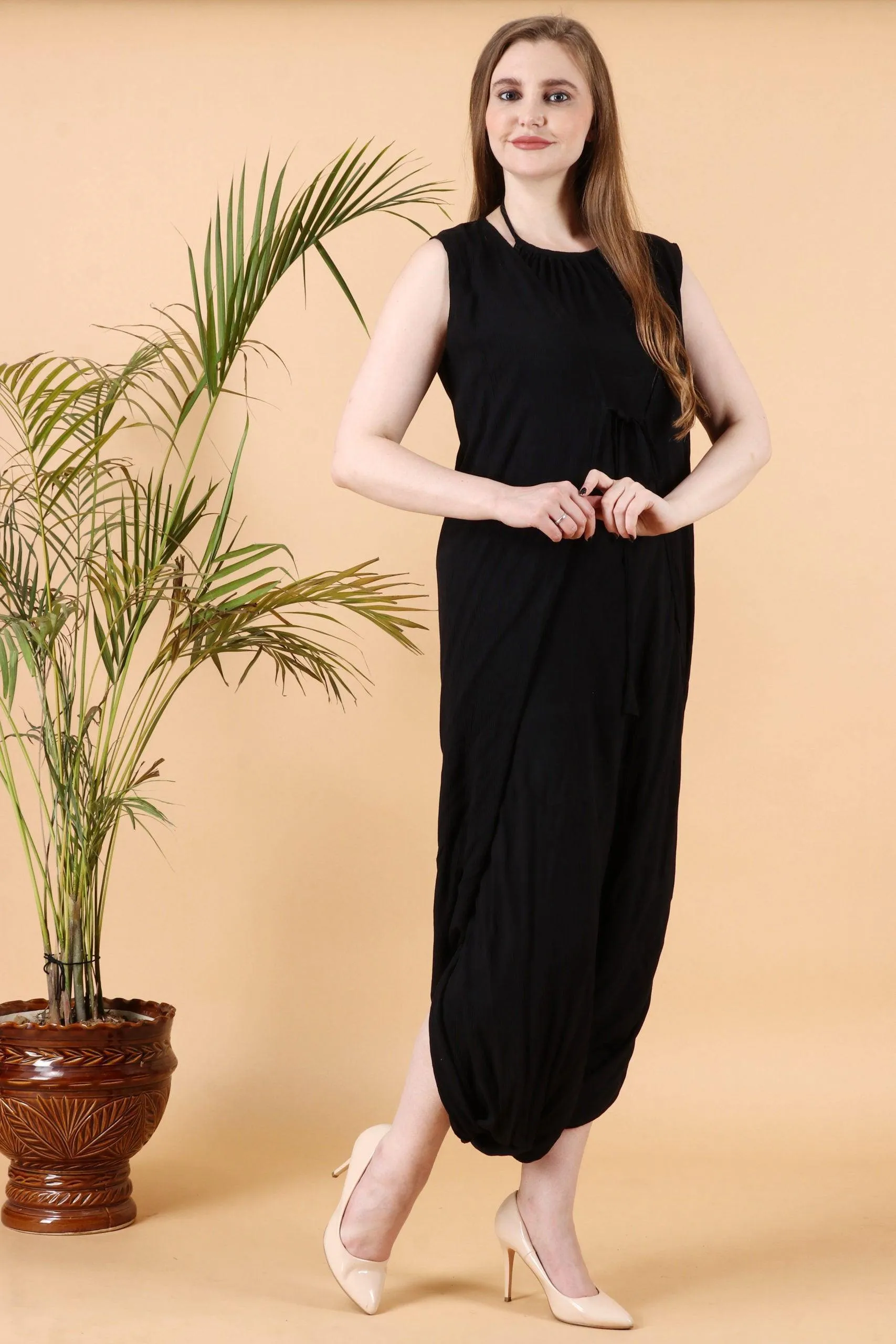 Black Solid Dhoti Style Jumpsuit