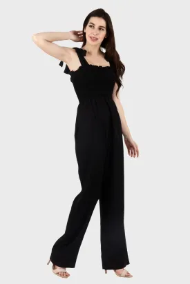 Black Solid Smocking Jumpsuit