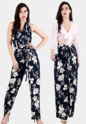 Blue & White Floral Printed Multiwear Jumpsuit/Pant