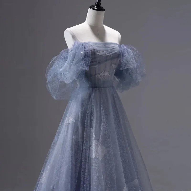 Blue Off Shoulder Tulle Long Prom Dress A Line Formal Evening Party Gown 321