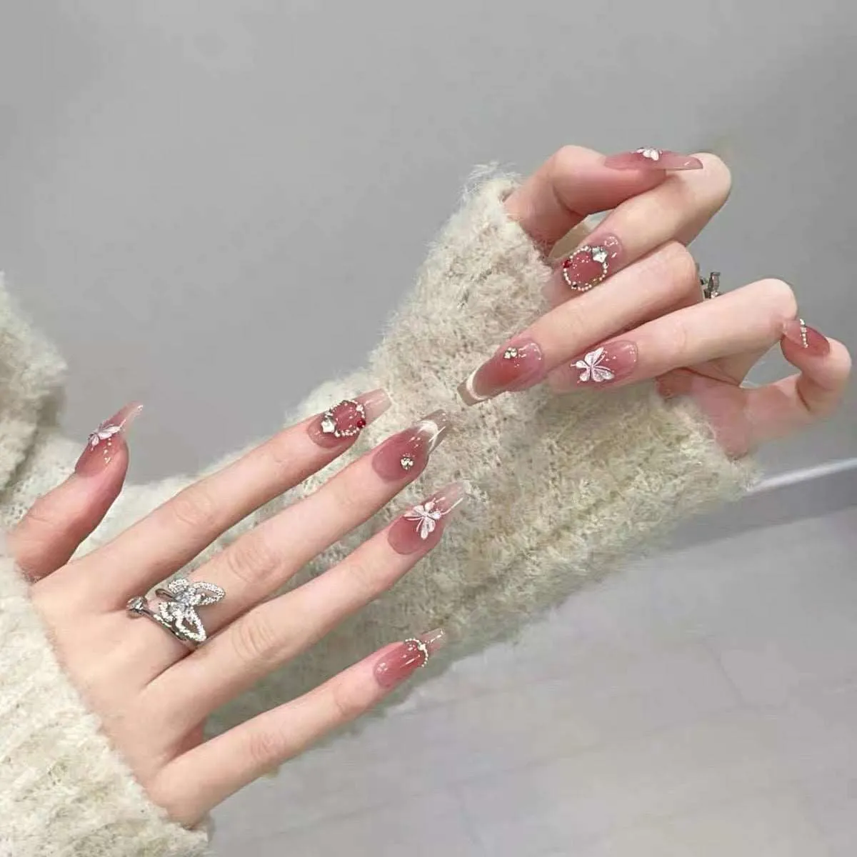 Blush Cat Eye French Manicure and Hand-painted Butterfly