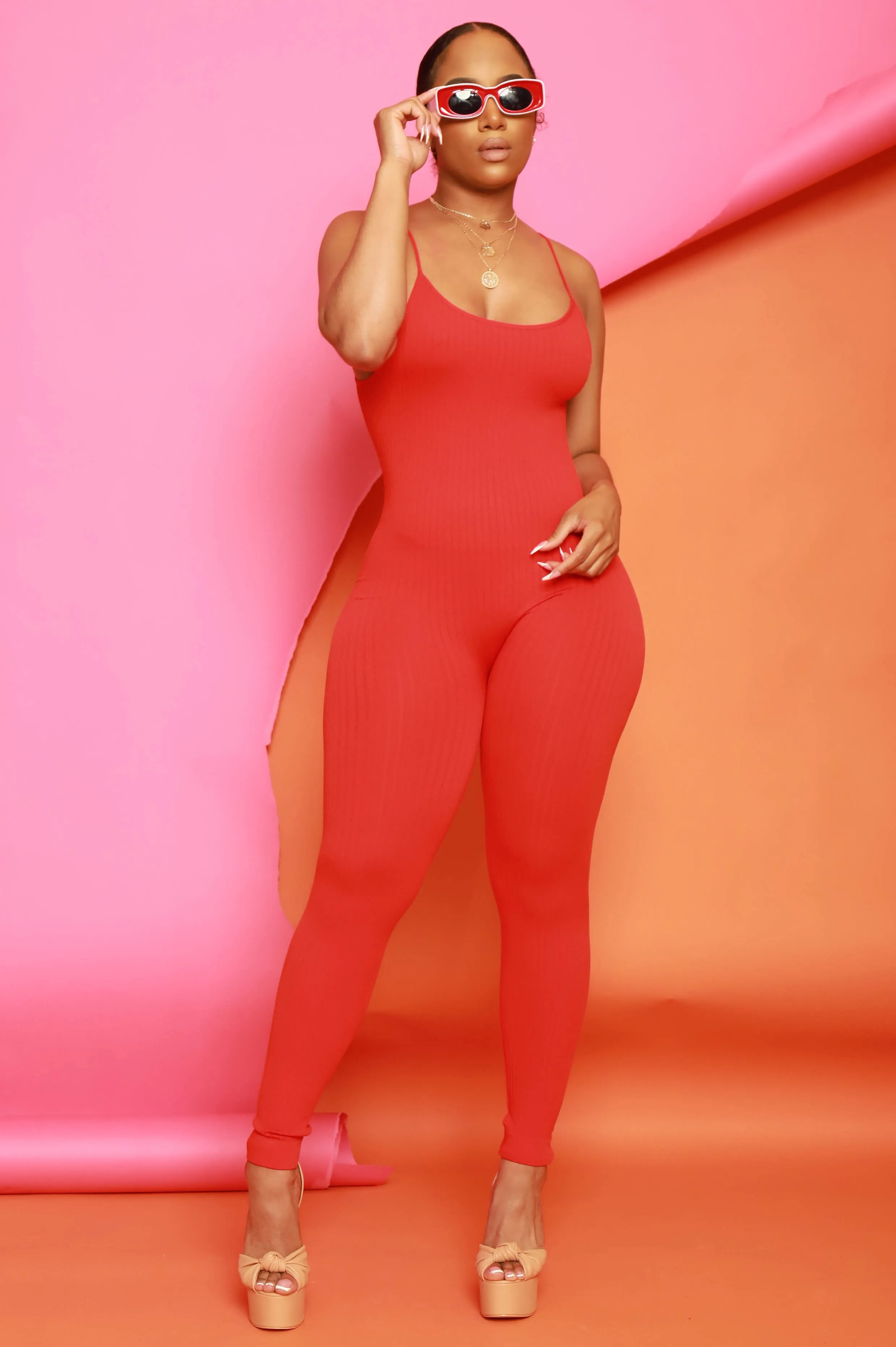 Body Heat Ribbed Seamless Jumpsuit - Red