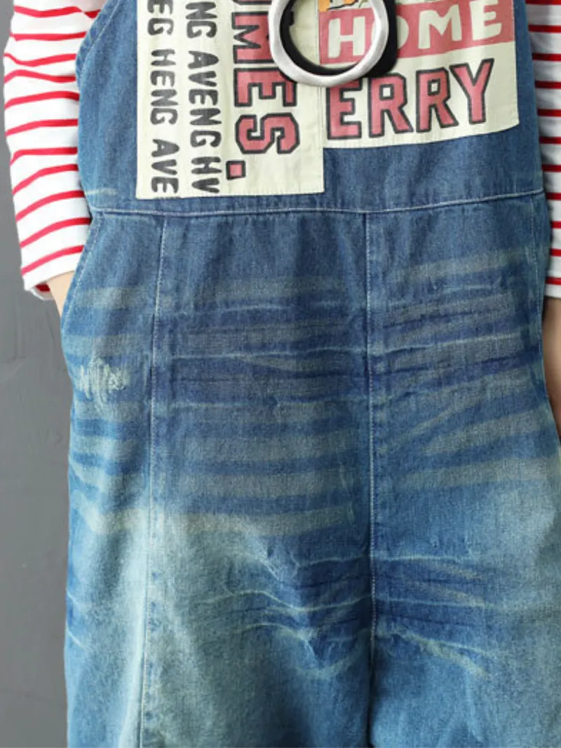 Bohemian Style Short Patch Denim Overalls