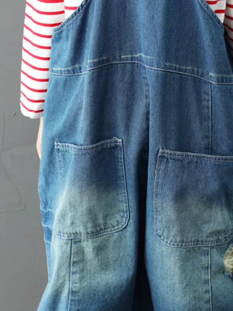 Bohemian Style Short Patch Denim Overalls