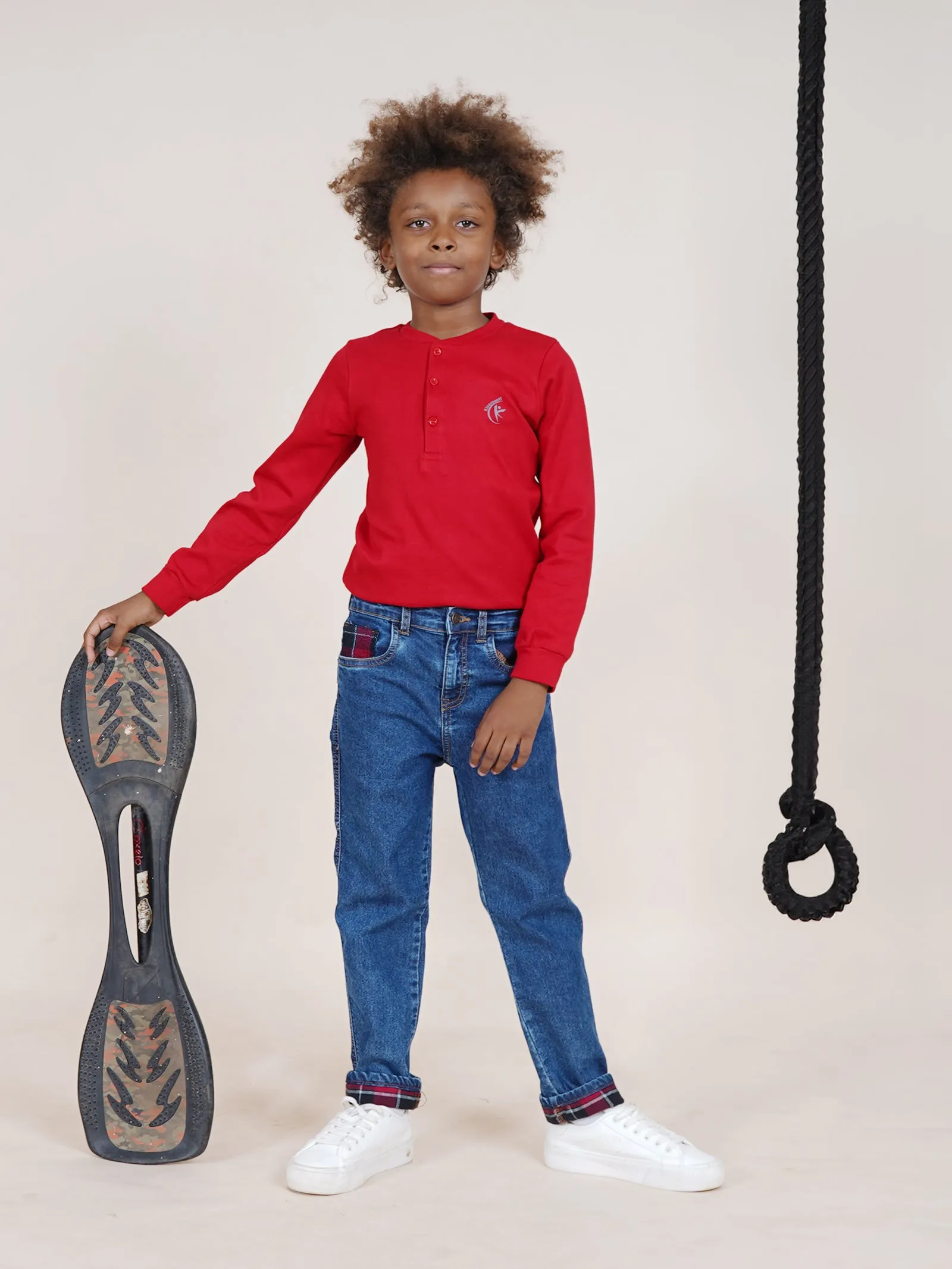 Boys Full length Denim Jeans With Contrast Red Checks Bottom Hem Roll Up