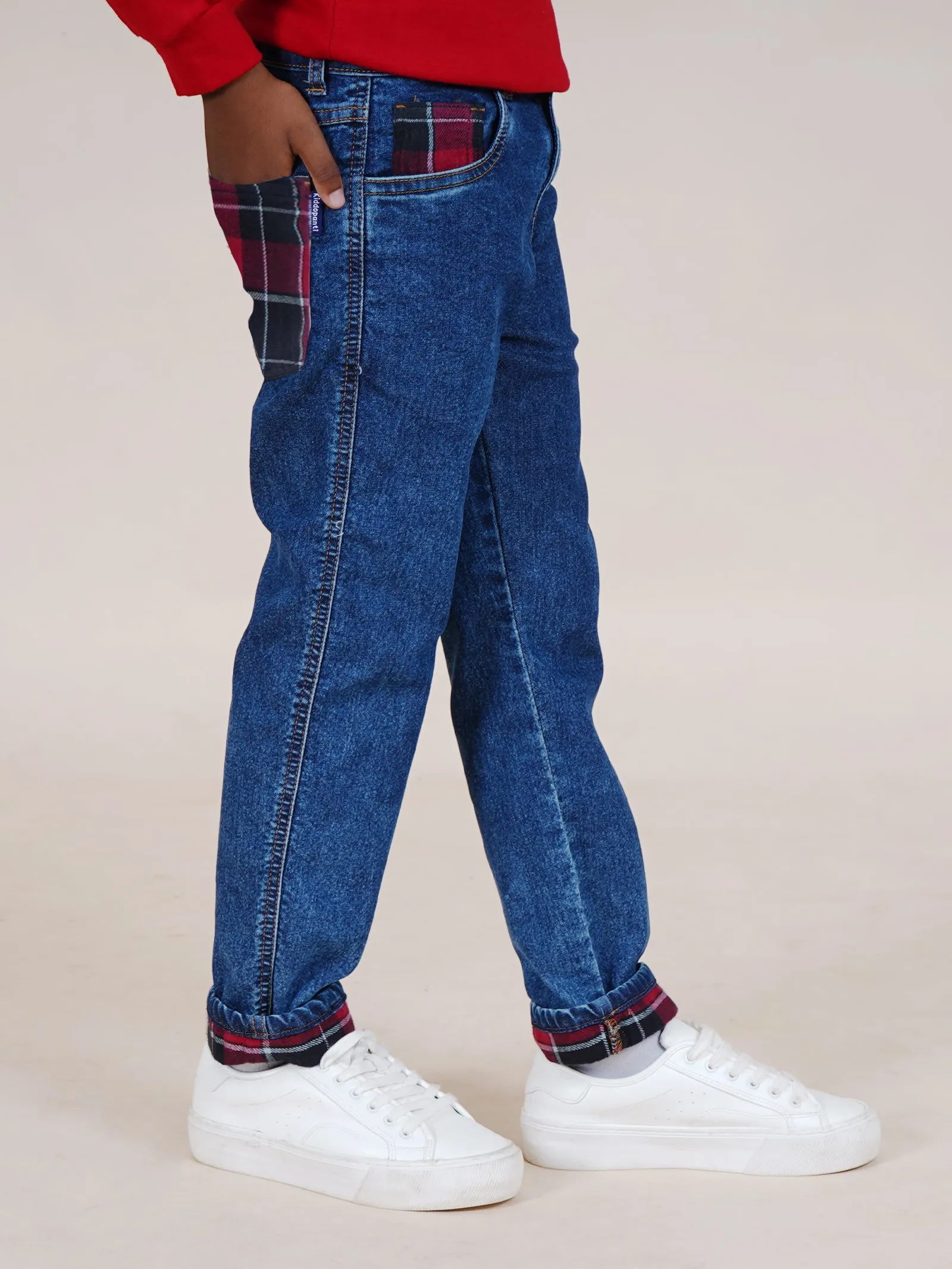 Boys Full length Denim Jeans With Contrast Red Checks Bottom Hem Roll Up