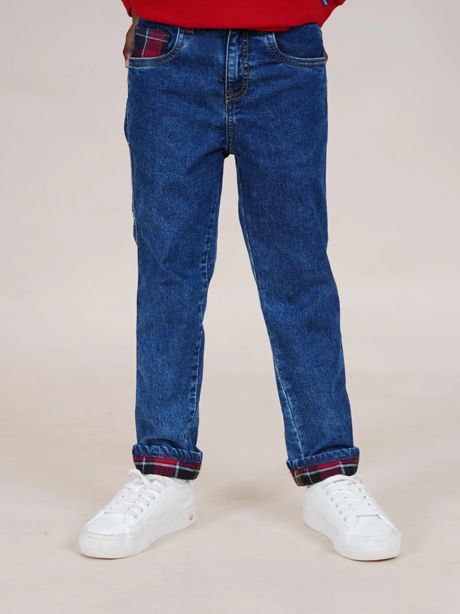 Boys Full length Denim Jeans With Contrast Red Checks Bottom Hem Roll Up