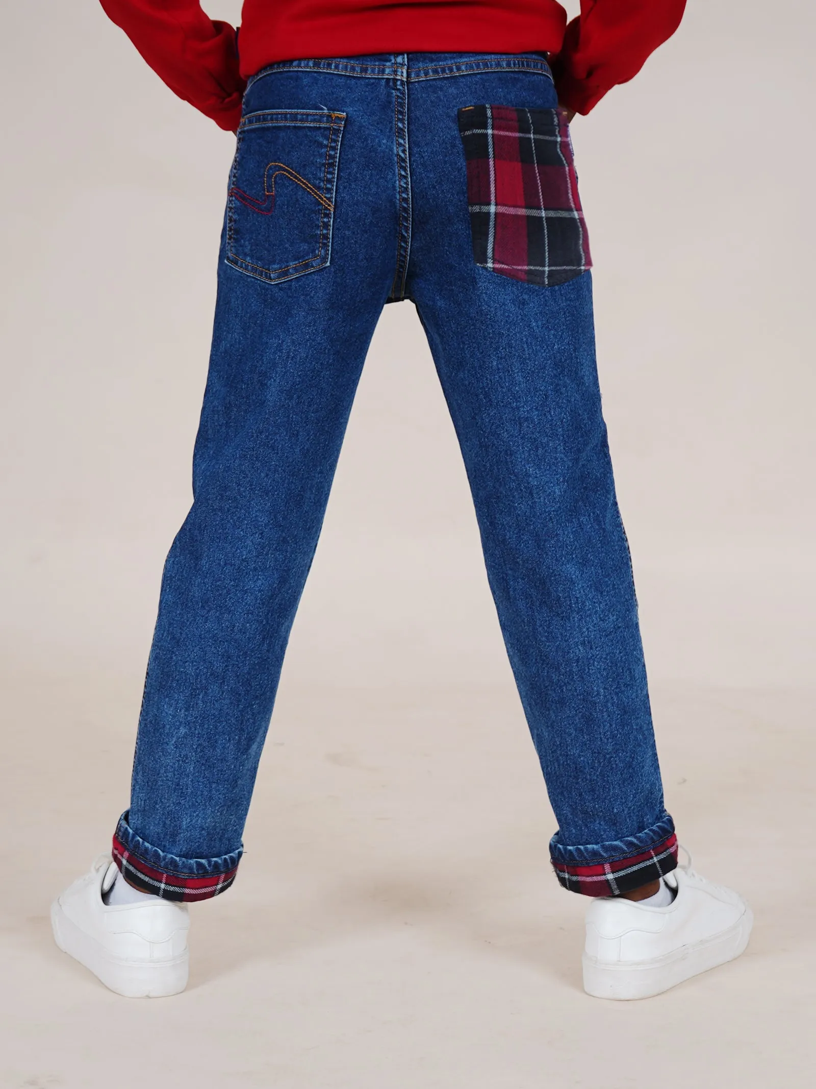 Boys Full length Denim Jeans With Contrast Red Checks Bottom Hem Roll Up