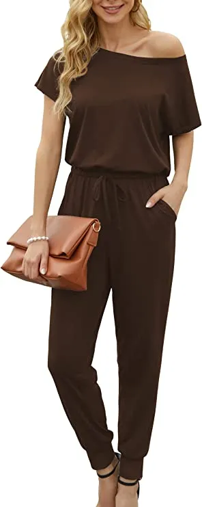 Brown Summer Jumpsuit Rompers Off Shoulder for Women with Pockets Casual Elastic Waist - KAY SINN