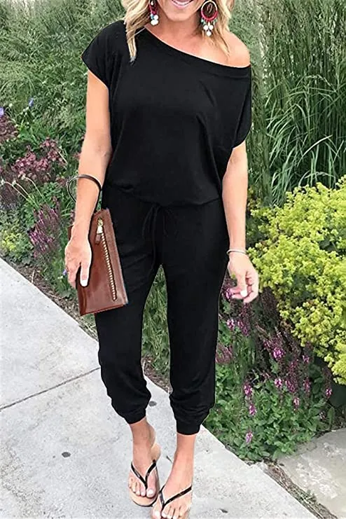 Brown Summer Jumpsuit Rompers Off Shoulder for Women with Pockets Casual Elastic Waist - KAY SINN