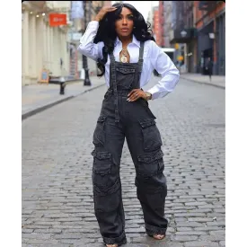 Bulk Jumbo Pockets Loose Denim Jumpsuit.