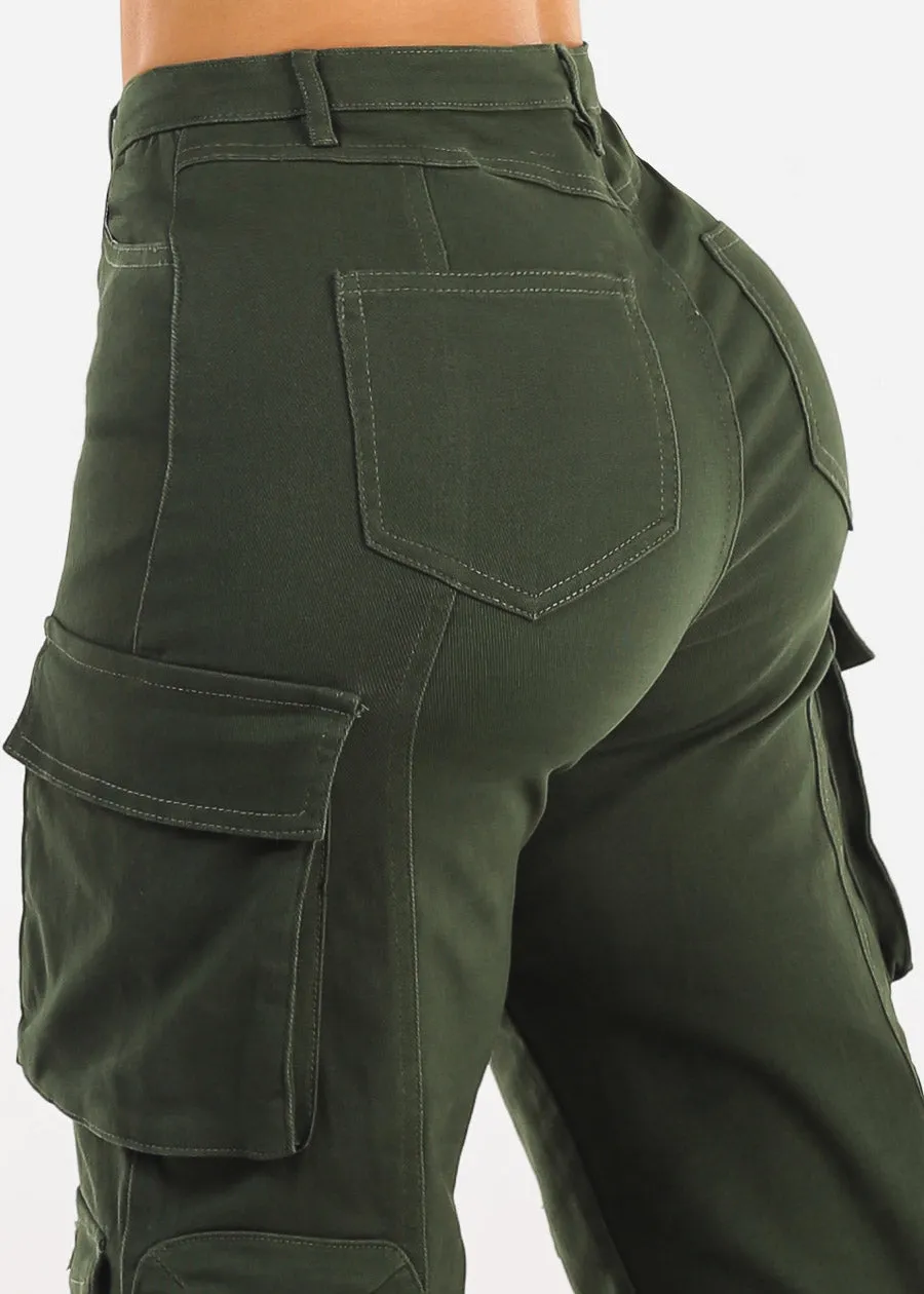 Butt Lift Straight Wide Leg Cargo Jeans Olive