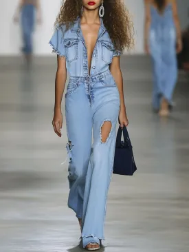 Casual Loose Retro Multi-Pocket Denim Short-Sleeved Ripped Wide-Leg Jumpsuit