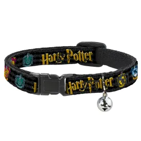 Cat Collar Breakaway with Bell - HARRY POTTER Hufflepuff/Ravenclaw/Gryffindor/Slytherin Coat of Arms Black