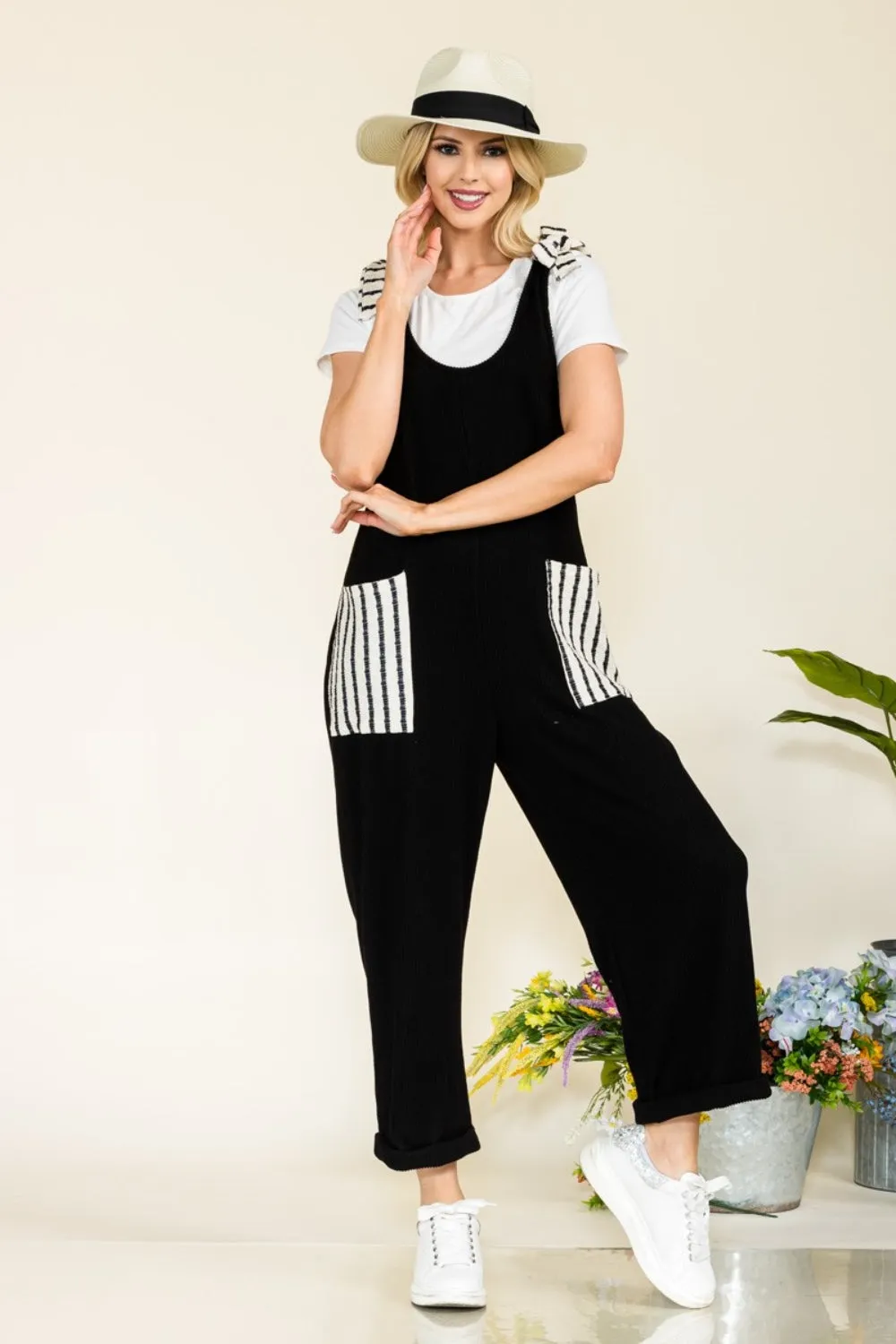 CELESTE Full Size Stripe Contrast Pocket Rib Jumpsuit