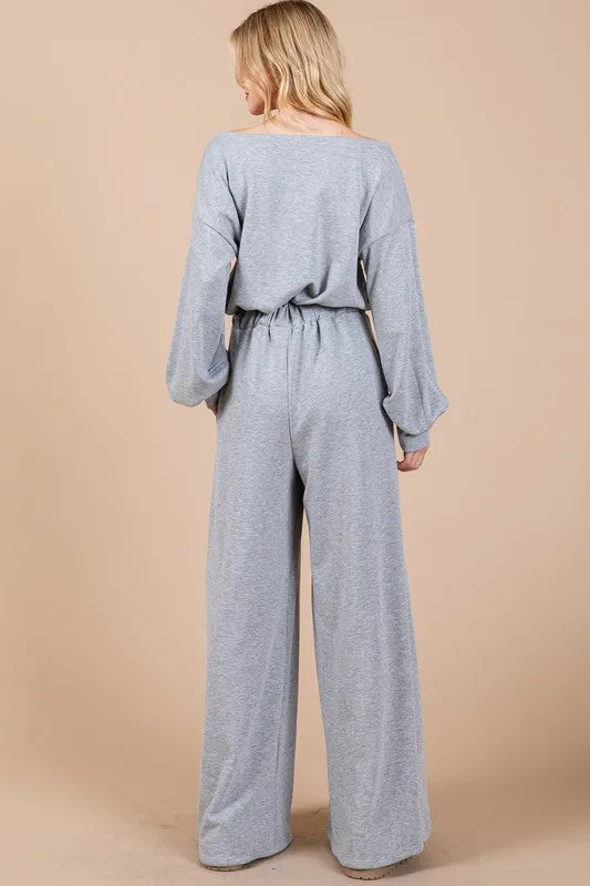 Ces Femme Boat Neck Long Sleeve Drawstring Jumpsuit