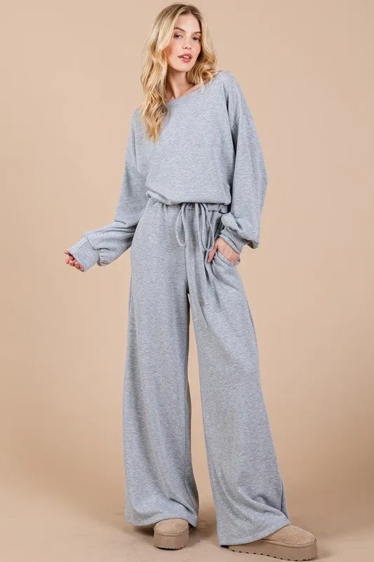 Ces Femme Boat Neck Long Sleeve Drawstring Jumpsuit