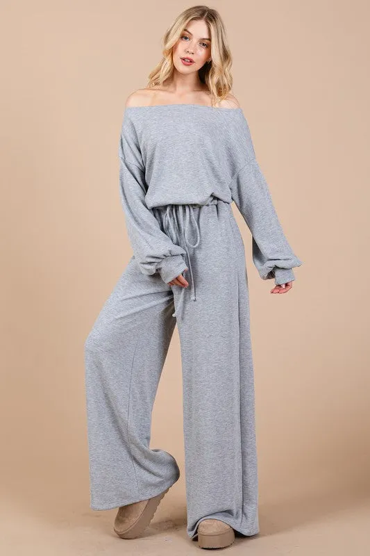 Ces Femme Boat Neck Long Sleeve Drawstring Jumpsuit