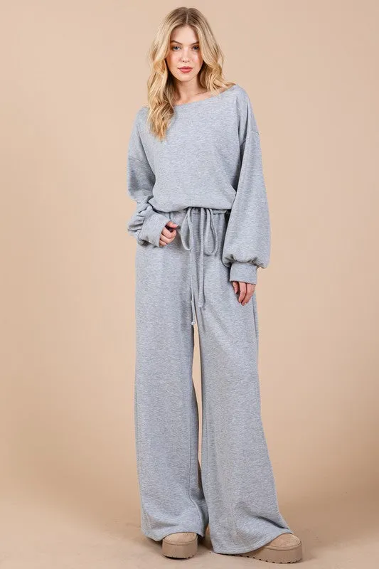 Ces Femme Boat Neck Long Sleeve Drawstring Jumpsuit