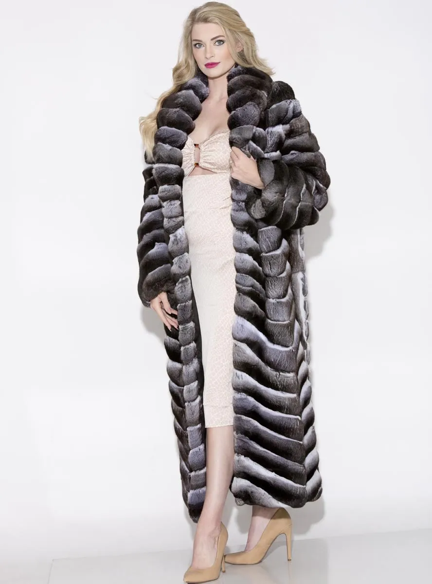 Chinchilla Fur Coat with Shawl Collar, Skin on Skin Side