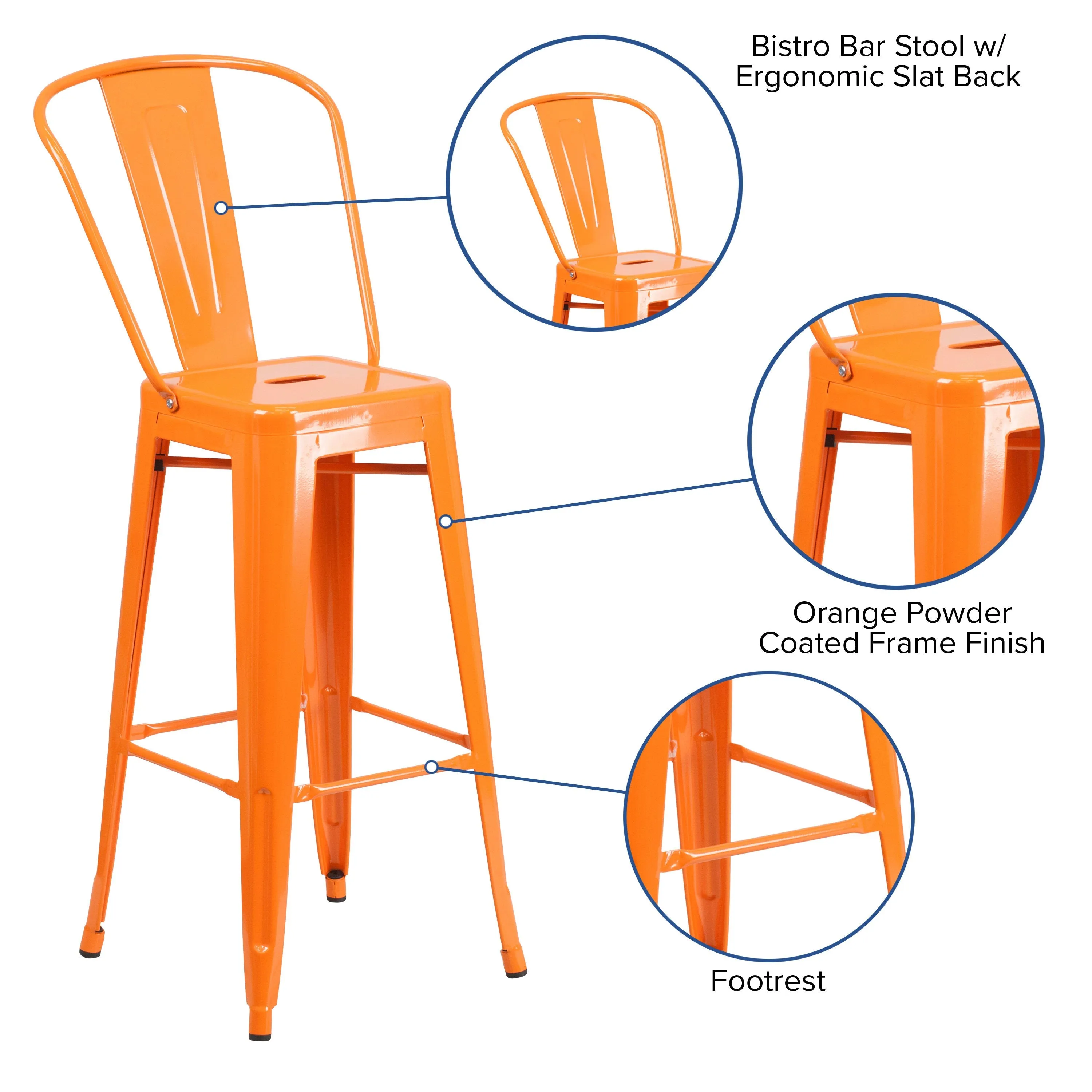 Commercial Grade 30" High Metal Indoor-Outdoor Barstool with Back