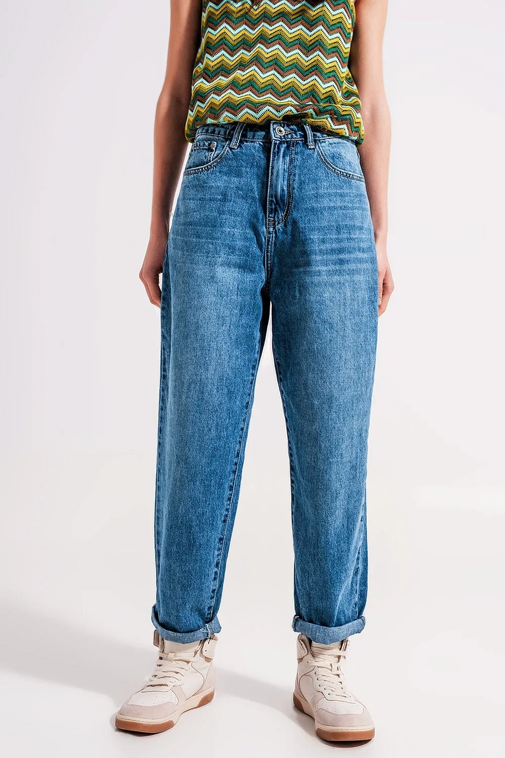 Cotton High Waist Mom Jeans in Medium Blue